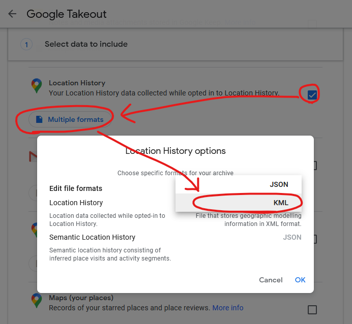 Requesting KML rather than JSON from Google Takeout