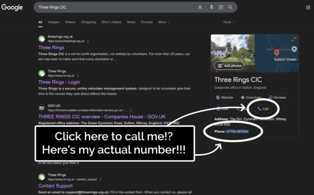 Google Search results page for 'Three Rings CIC', showing a sidebar with information about the company and including... my personal mobile number and a 'Call' button that calls it!